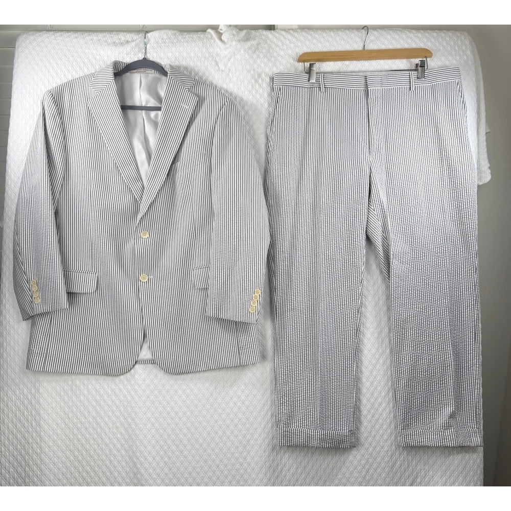 Hardwick Mens 2 Piece Y2K Seersucker Suit 44R 38W Blue White Striped Cotton USA